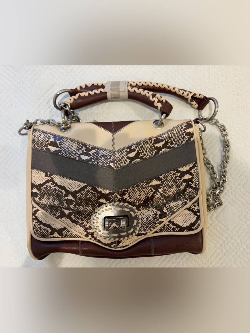 Isabella Fiore Brown, Cream & Gray Snake-Print Shoulder Bag